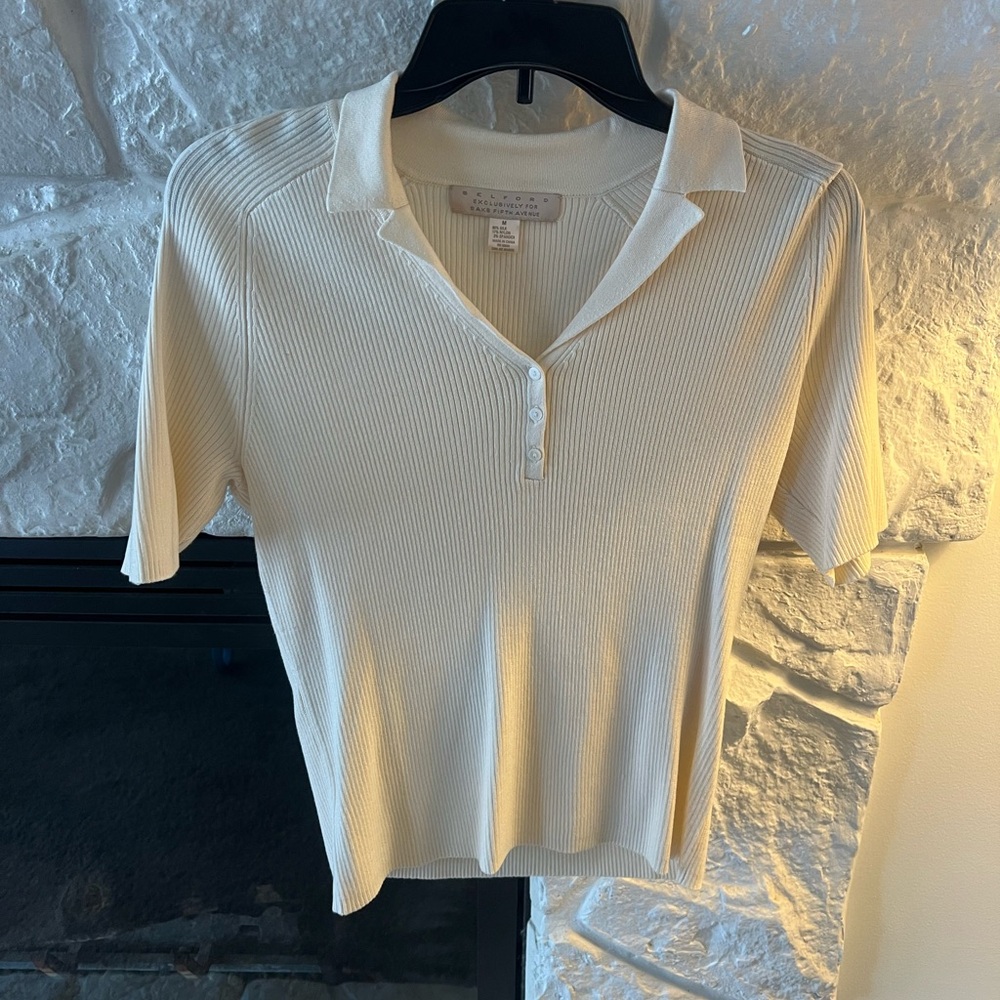 Belford Saks Fifth Avenue Women's Silk Cream Ribbed Polo Top